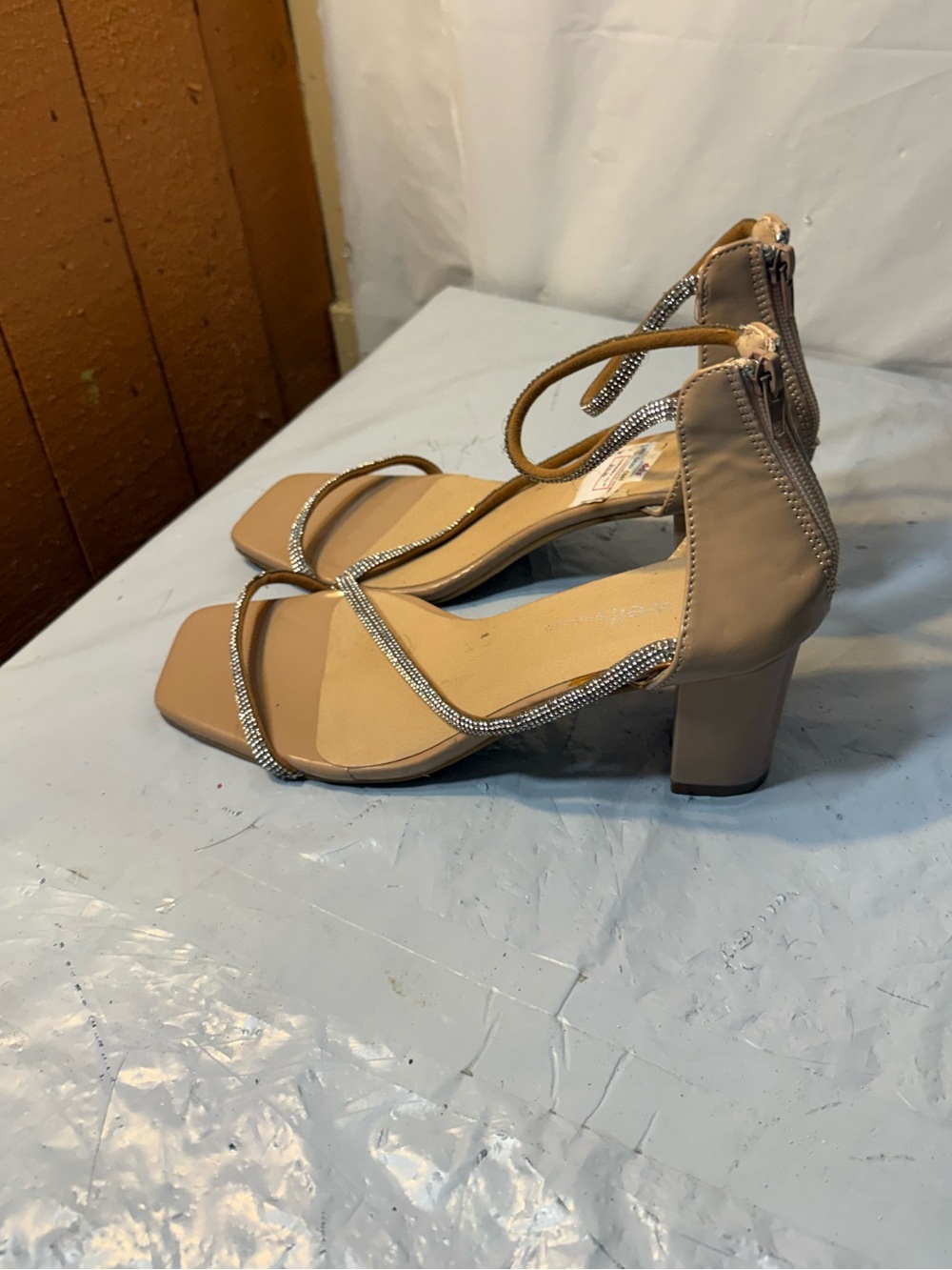 beige block heel sandals sparkling rhinestone embellished straps women’s size 9